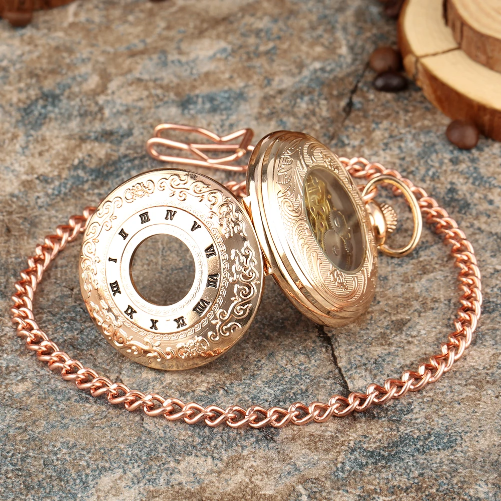 Rose Gold Manual Mechanical Pocket Watch Fob Chain Transparent Skeleton Retro Pendant Pocket Timepiece Hand Winding Movement