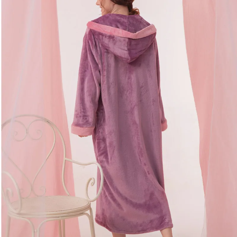 New Flannel Robe Women Coral Fleece Hoody Warm Thicken Thermal Bathrobe Cute Pocket Long Gown Sleepwear Winter Homewear Bathrobe