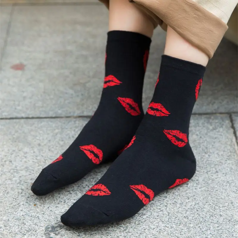5pairs Women's Autumn New Red Lips Socks Personalized Fashion Cotton Crew Socks Men Korean Version Of Hip Hop Trendy Happy Socks