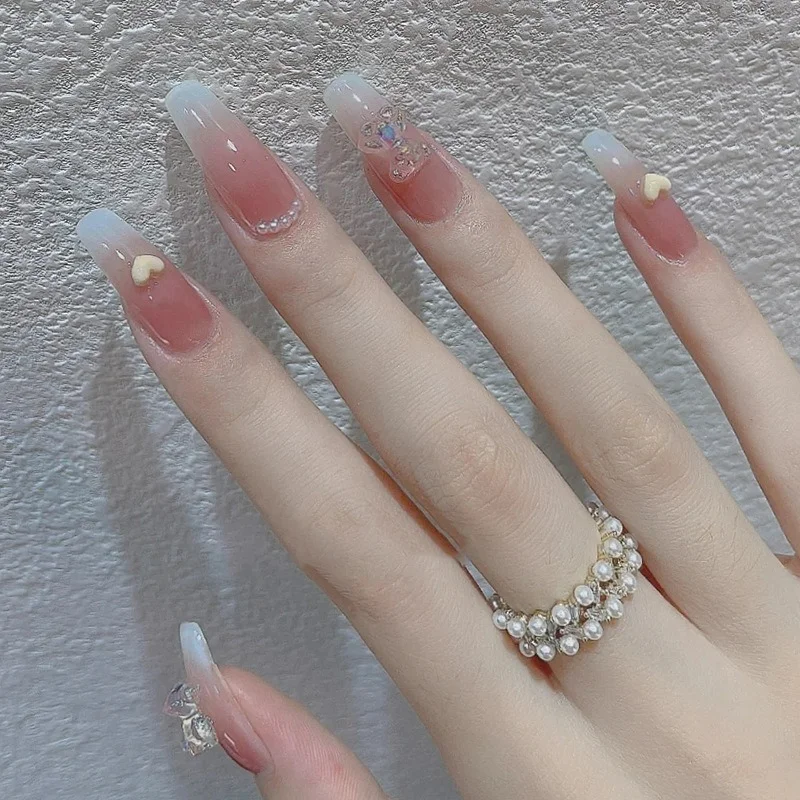 

24Pcs False Nails Gradient Love Bear Rhinestones Fake Nail Tips Full Cover Acrylic For Girls Fingernails