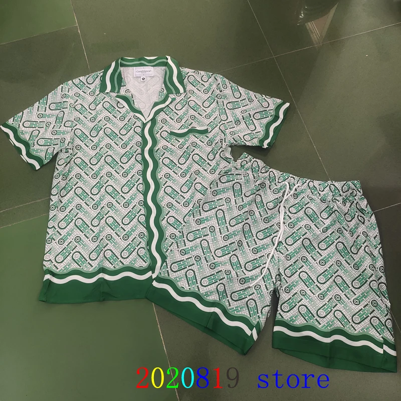 Green Casablanca Tennis Club Hawaii Beach Shortpant Shirt Set For Men Women Holiday Seaside SURF Suit