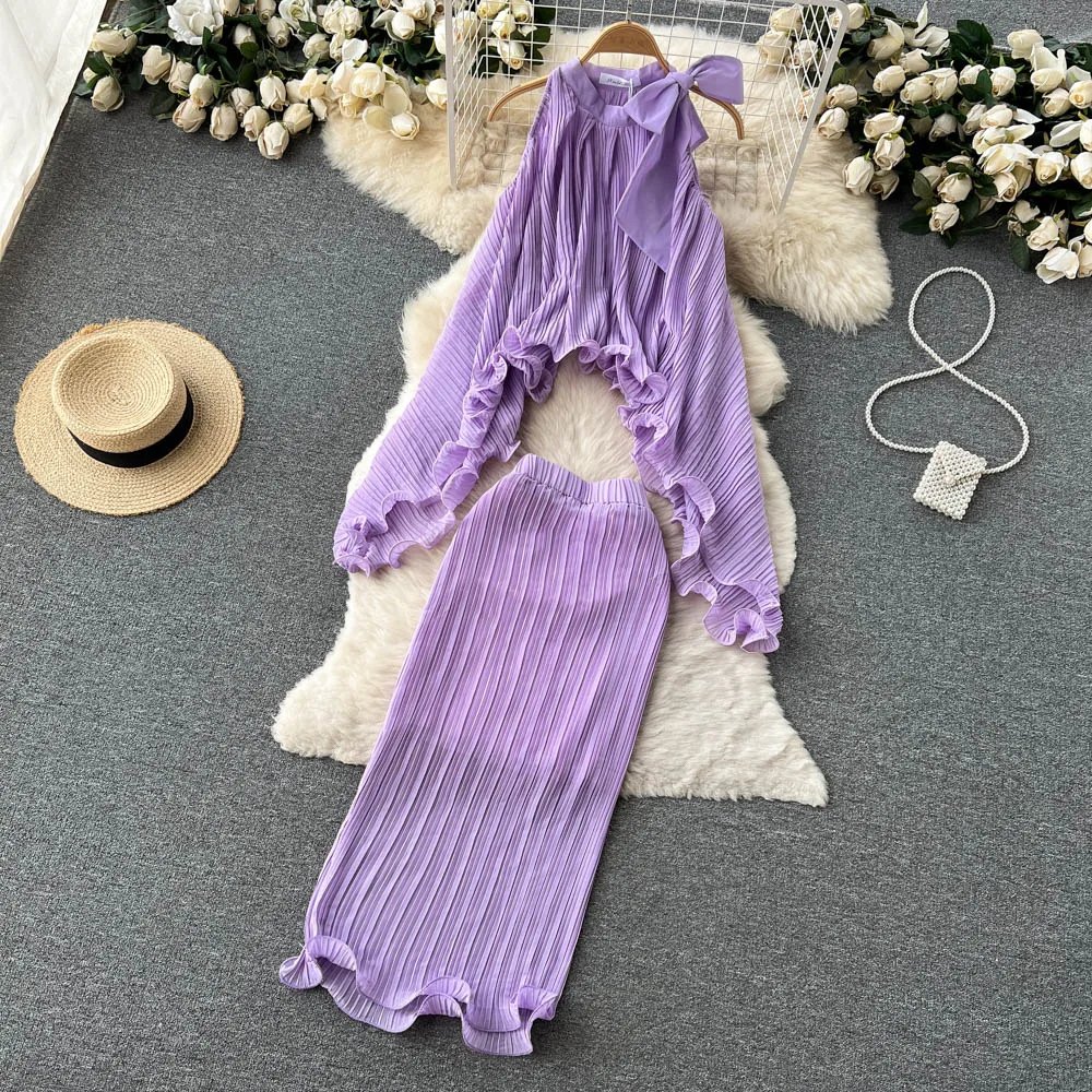 

Chic Bow Two Piece Sets Womens Outifits Ruched Folds Women Sets Summer Sleeveless O-Neck Shirt Elastic Waist Skirt Dropshipping