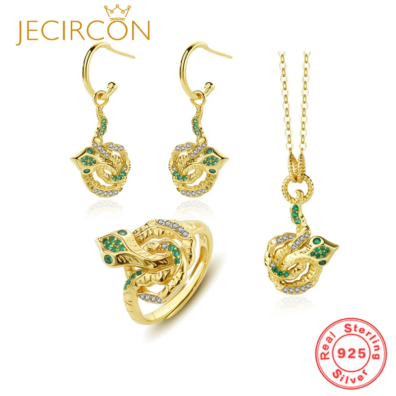 

JECIRCON 925 Sterling Silver Lava Texture Serpentine Green Zircon Open Ring/Stud Earrings/Necklace for Women Trendy Jewelry Set
