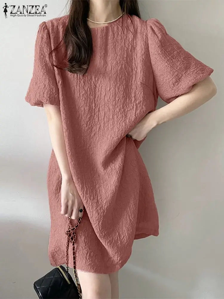 

ZANZEA Femme Fashion Holiday Casual Vintage Oversized Sundress Women Solid Color Dress O-Neck Half Sleeve Buttons Shirtdress