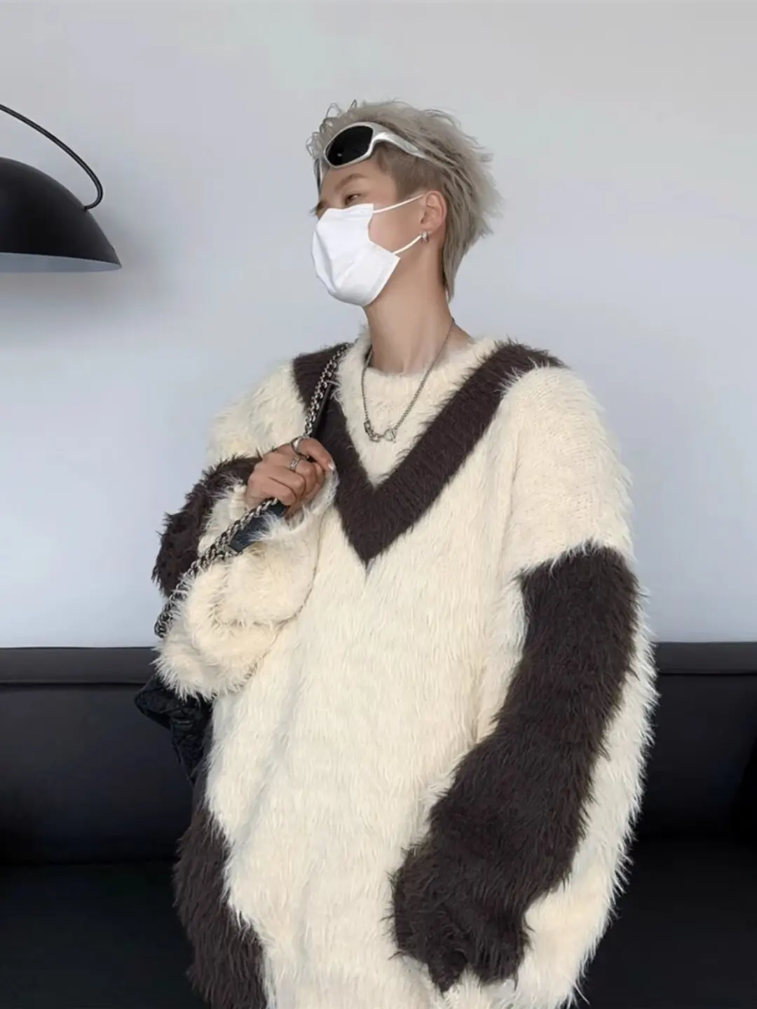 Осенне-зимний плюшевый контрастный лоскутный свитер из меха анти норки для