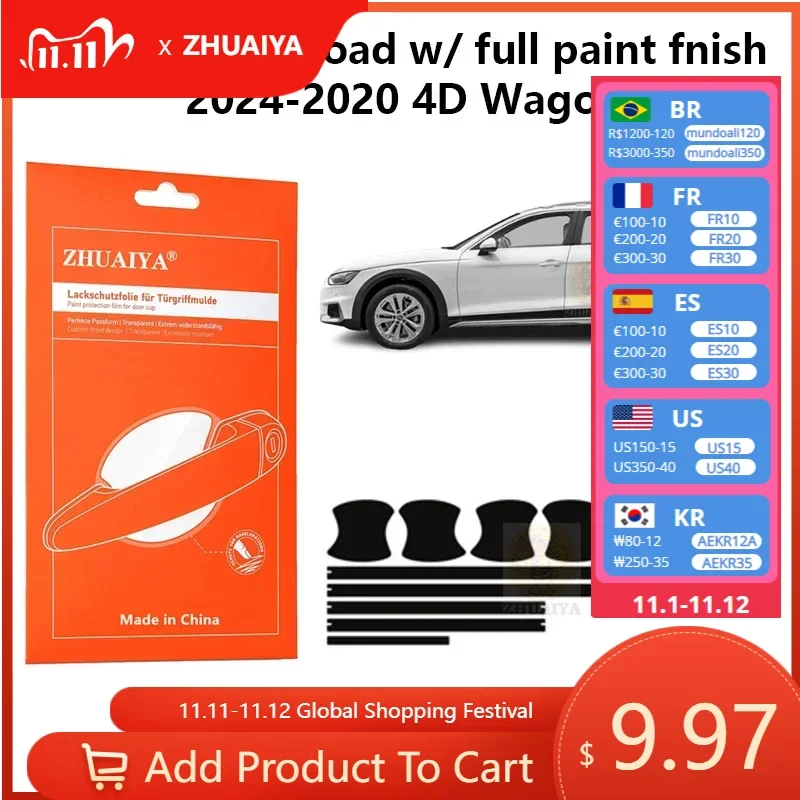 

Защитная пленка ZHUAIYA для красок дверной ручки, защитная пленка из ТПУ для Audi A4 Ilroad w/ full Paint fnish 2024-2020 4D Wagon