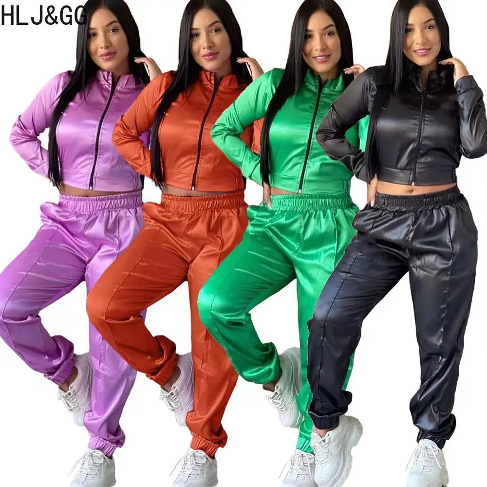 

HLJ&GG Casual Solid Color Sport Two Piece Sets Women Zipper Long Sleeve Crop Top + Jogger Pants Tracksuits Spring Female Outfits
