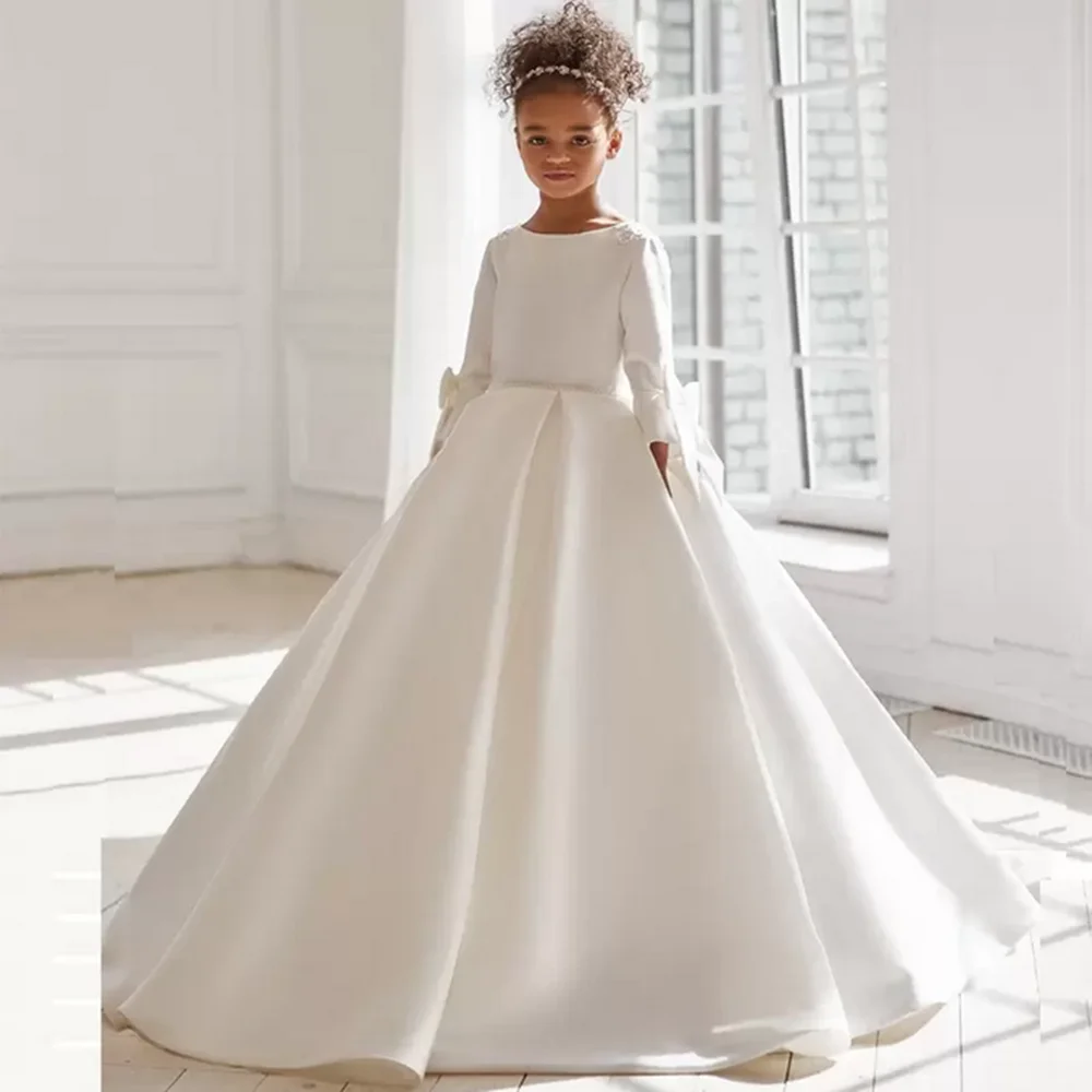 

White 3/4 Long Sleeve Satin Crystal Belt Flower Girls Dresses Fashion Pageant Dresses Communion Dresses For Girls