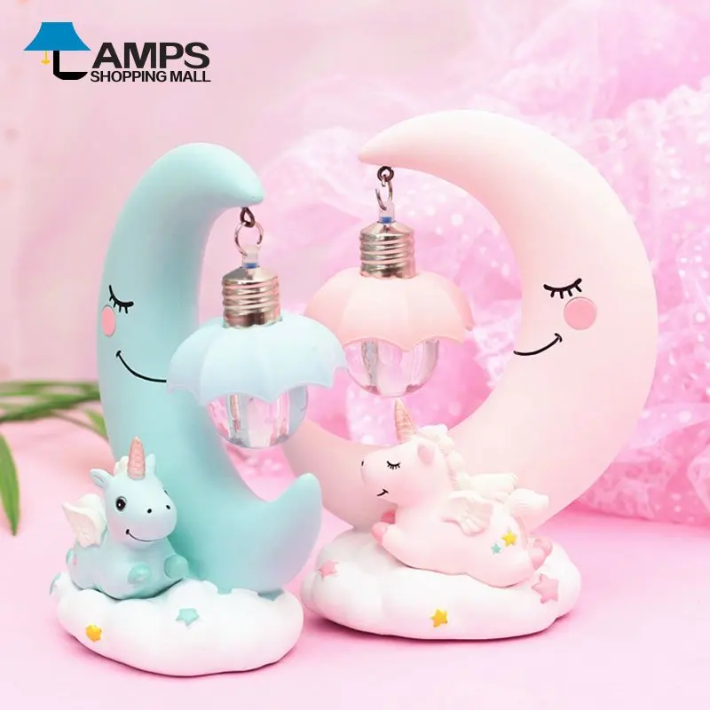 

Led Night Light Resin Moon Unicorn Cartoon Baby Nursery Lamp Breathing Children Toy Christmas Gift Kids Room Craft Table Light