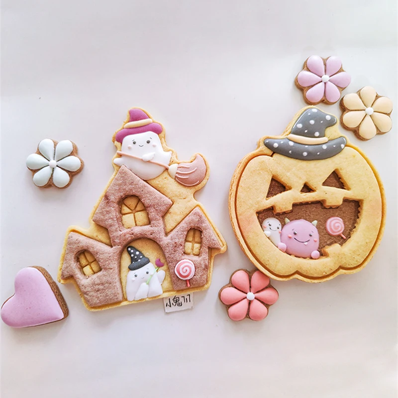 Halloween Pumpkin House Icing Frosting Cookies Cutter Ghost Castle Bisciut Stamp Mold DIY Kitchen Pastry Baking Tools Bakeware