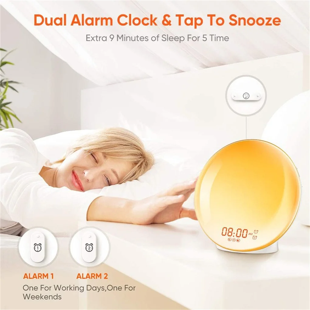 

LED Wake-up Light Desktop Alarm Clock Color-Changing Ambient Nightlight Sunrise Simulation Sleep Lamp Bedside Decoration
