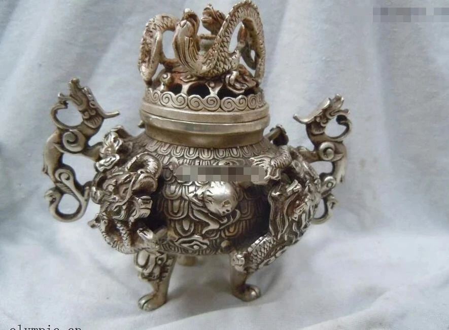 

China silver carved finely Buddhism nine dragon incense burner Sculpture statue