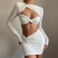 two piece set long sleeve crop top and bodycon mini skirt ruched women set autumn sexy white club outfit party suit