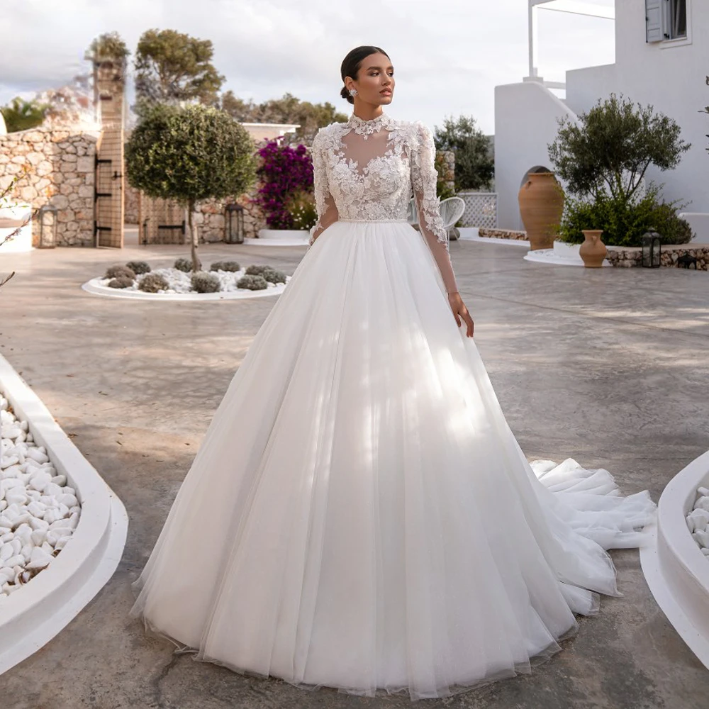 

A-Line Princess Wedding Dresses 2022 High Neck Long Sleeve Robe De Mariee Elegant Beaded Appliques Beach Vestido De Novia