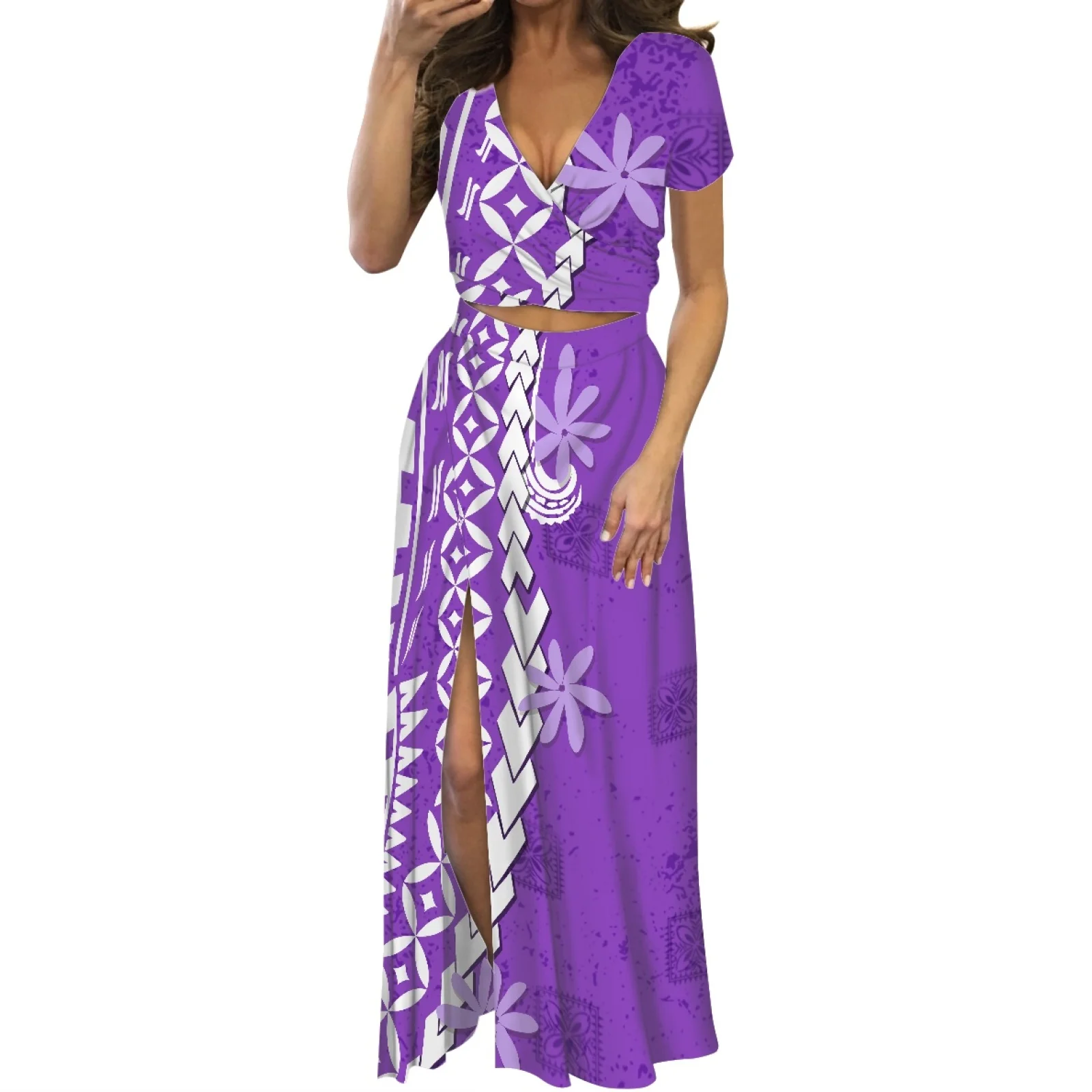 

Фиолетовое полинезийское высококачественное платье из двух частей с разрезом пикантное Платье макси с коротким рукавом летнее Женское Платье макси с глубоким вырезом