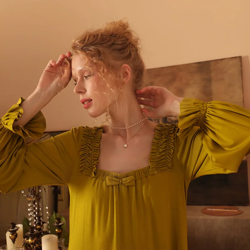 Women's Retro Square Neck Cute Bow Soft Comfortable Modal Nightgowns Sleepshirts Sleepwear