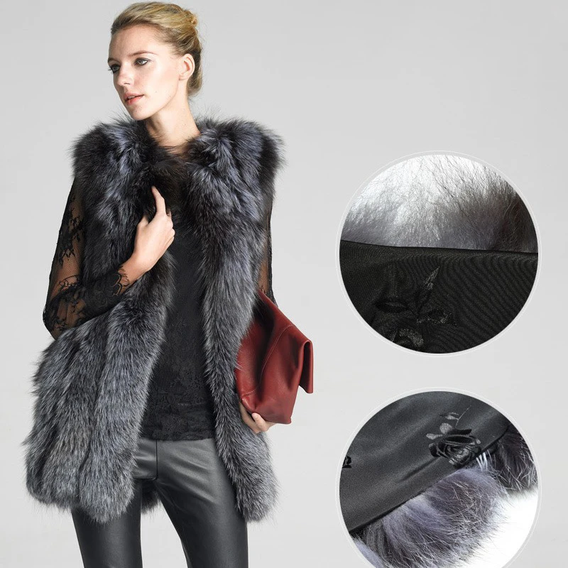 Women Natural Silver Real Fur Vest Fluffy Fox Fur Slim Coats Lady 75CM Genuine Leather Fur Gielts Jacket With Invisible Pockets