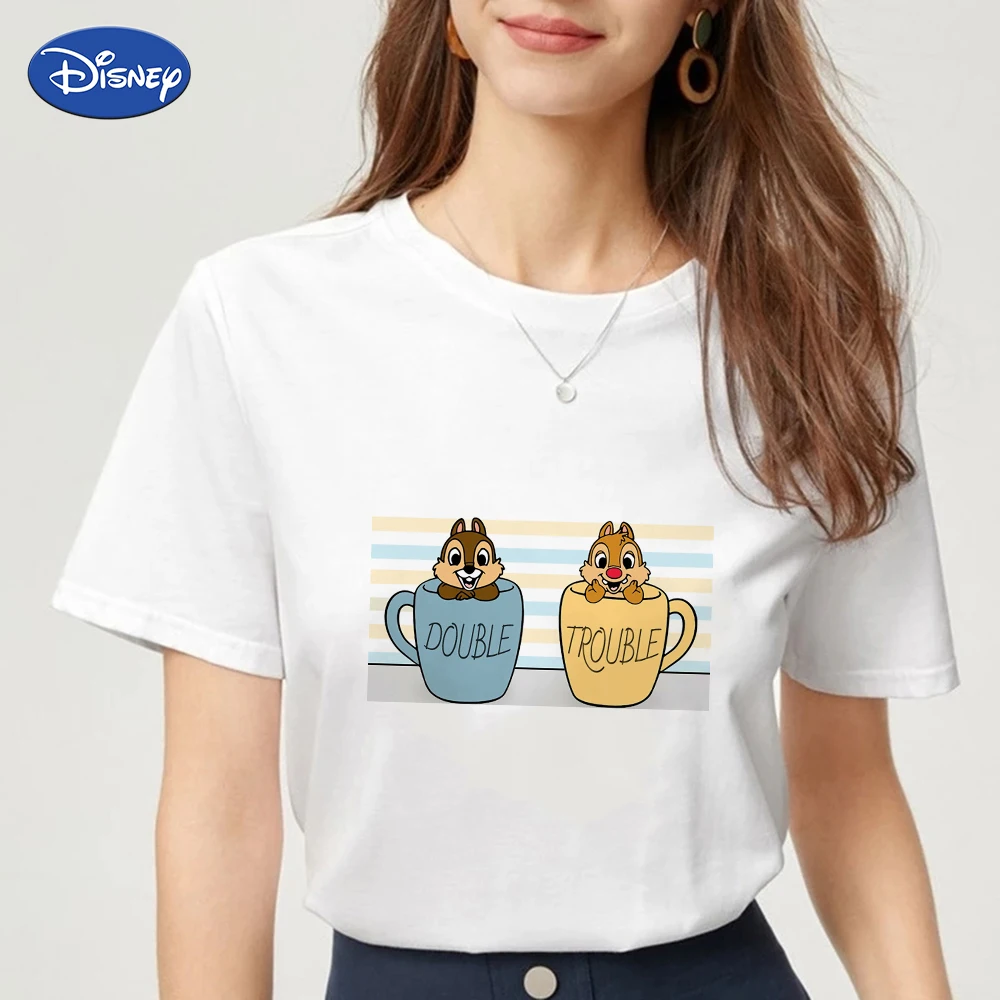 

Disney Kawaii Harajuku T Shirt Cup Chip 'n' Dale Girl Next Door Fashion Funny 2022 New Summer White Tops Family Look Casual Cute