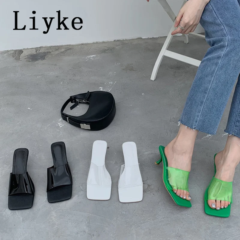 

Liyke 2022 Summer New PVC Transparent Women Slipper Outdoor Casual Gladiator Sandals Beach Square Toe Low Thin Heel Shoes Female