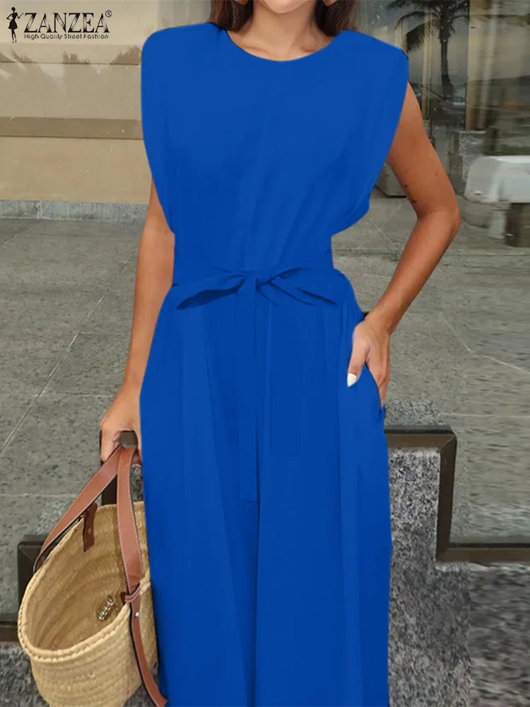 

ZANZEA Fashion Women Overalls Round Neck Streetwear Blue Playsuit Summer Belted Long Romper Sleeveless Wide Leg Casual Jumpsuits