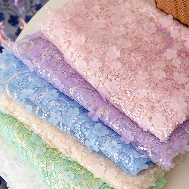 

Colorful Fabric For Summer Dress Girl Clothing Lace Sequin Floral Embroidery 130*100 Wedding Skirt Deocr Diy Sewing Accessories