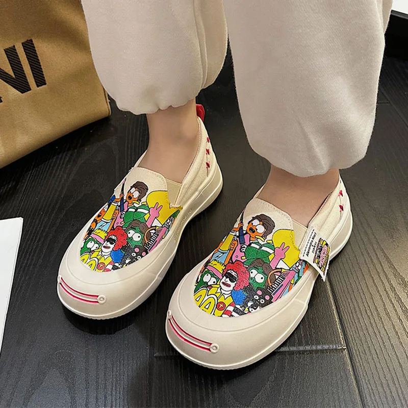 

Женские текстильные кроссовки с мультяшным принтом, повседневные дышащие спортивные туфли без шнуровки, модная повседневная обувь на платформе, новинка 2023