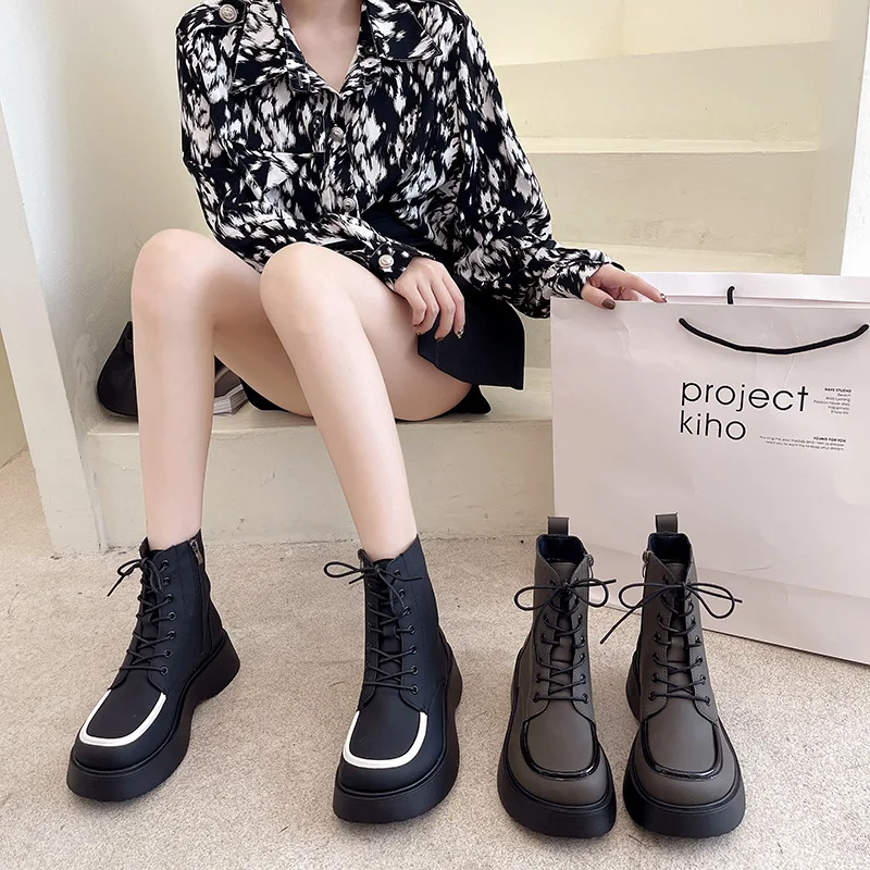 Women's Boots Thick-soled Short  Autumn New Lace-up  Shoes Single  Plus Velvet Soft-soled