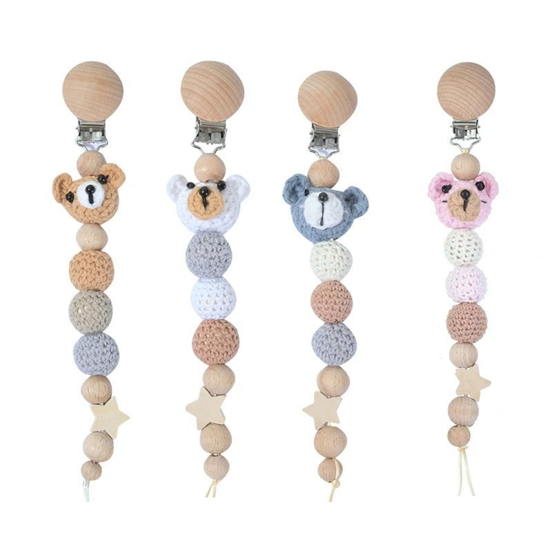 

Baby Pacifier Clip Teething Toy Soothie Holder for Boy Girl Unisex Wooden Bear Crochet Bead Clip for Infant 0-6-12 Month