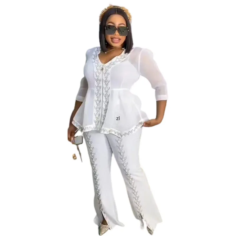 

3 Pieces Set Women Tracksuit Summer Clothes Casual Party Diamonds Tops and Long Pants Suits Outfits African Clothes for Women