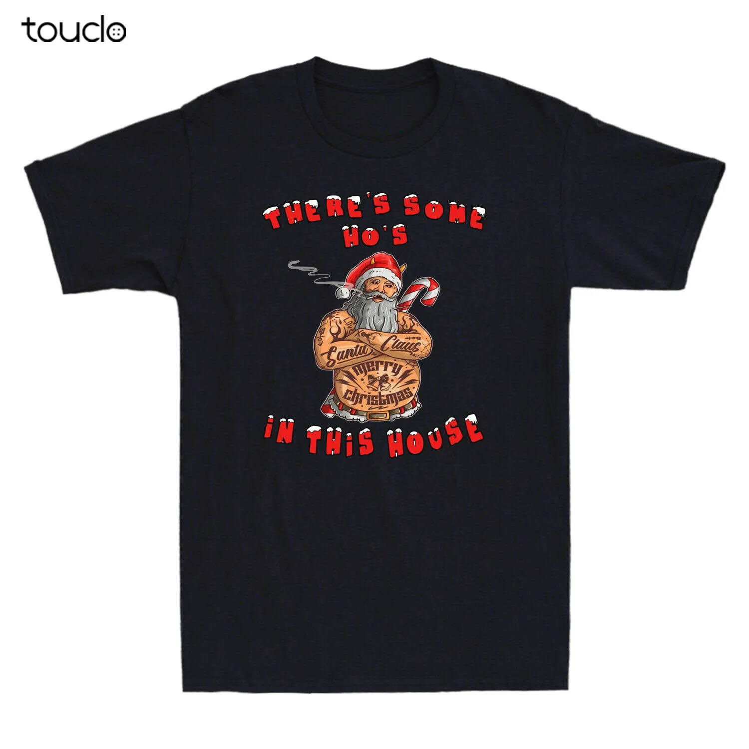 

New There'S Some Hos In This House Funny Christmas Tattoos Santa Claus Men'S T-Shirt Unisex S-5Xl Xs-5Xl Custom Gift