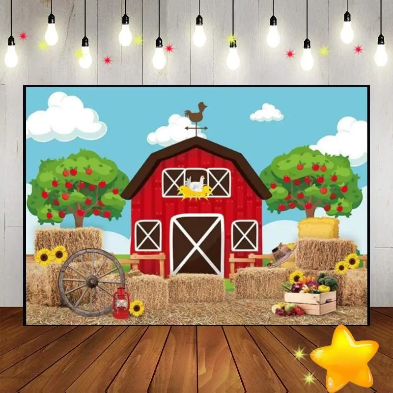 

Задний фон для фотосъемки с изображением животных в деревенском стиле, большой зеленой травы, красной фермы, декоративный фон для фотосъемк...