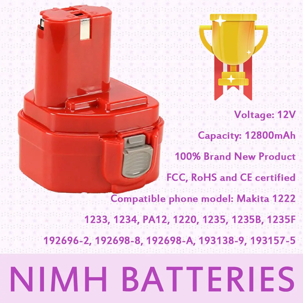 

12 V 12800mAh Hextended replacementbattery for makita 1233, 1234, 1235, 1235b, 1235 °F, 192696-2, 192698-8, 192698-a, 193157-5