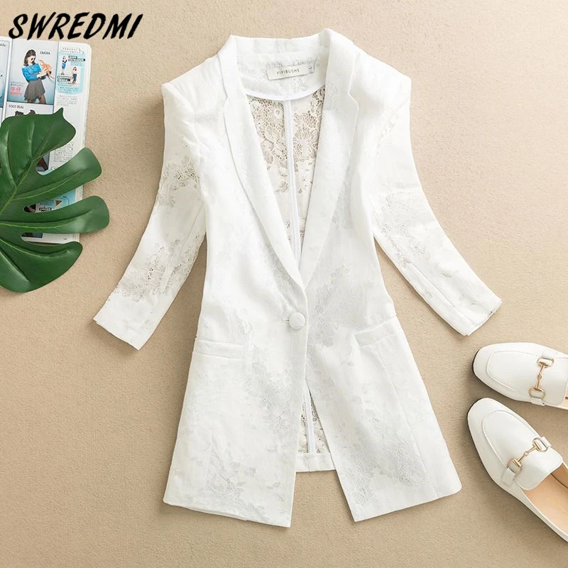 

Fashion Lace Summer Blazer Women Office Lady Suit Coat One Button Female Slim Black Whiter Clothing Jackets Thin M-3XL SWREDMI