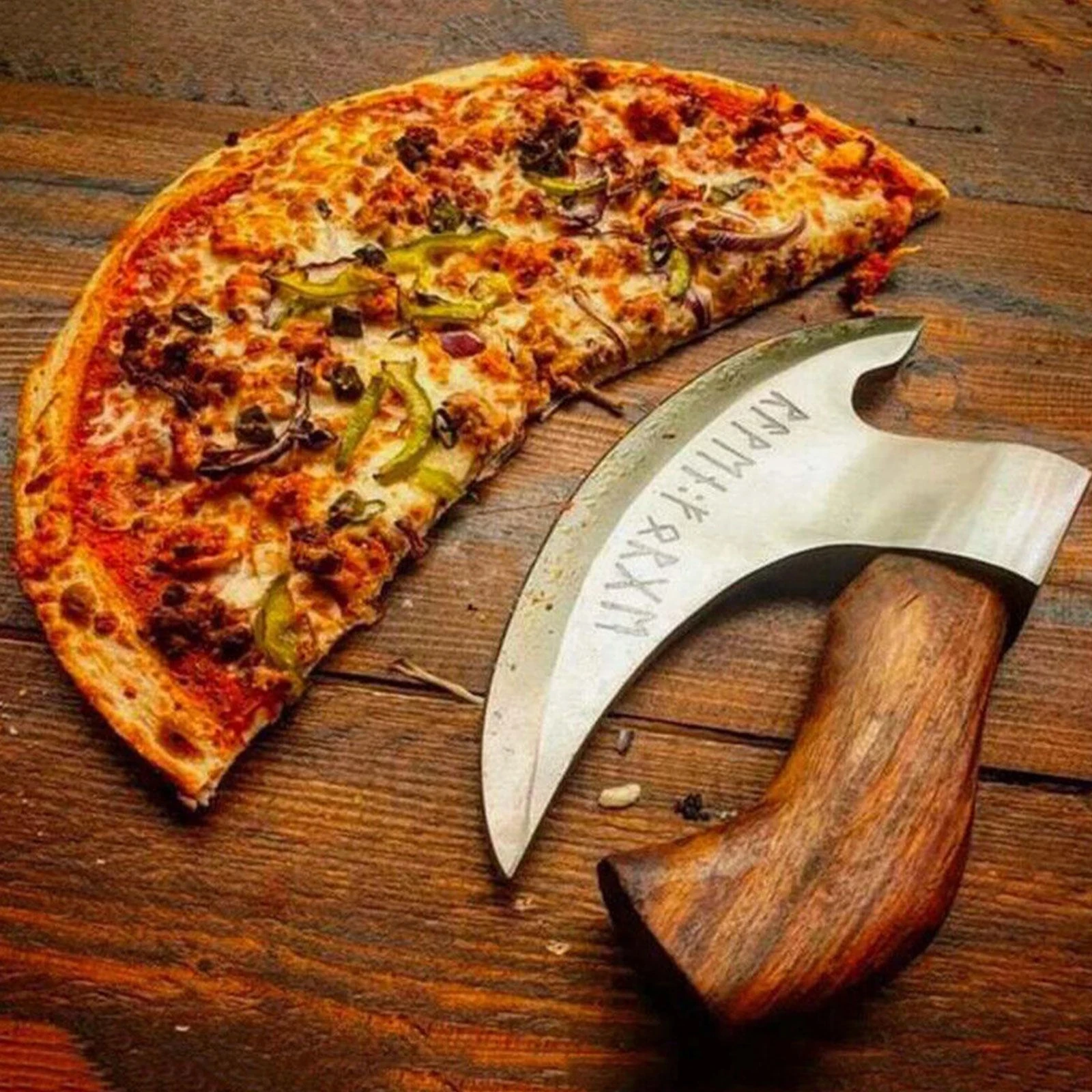 

Топор для пиццы ручной работы, из нержавеющей стали, викингов, резак для пиццы, деревянная ручка, многофункциональный топор для пиццы с зеркальным ножом