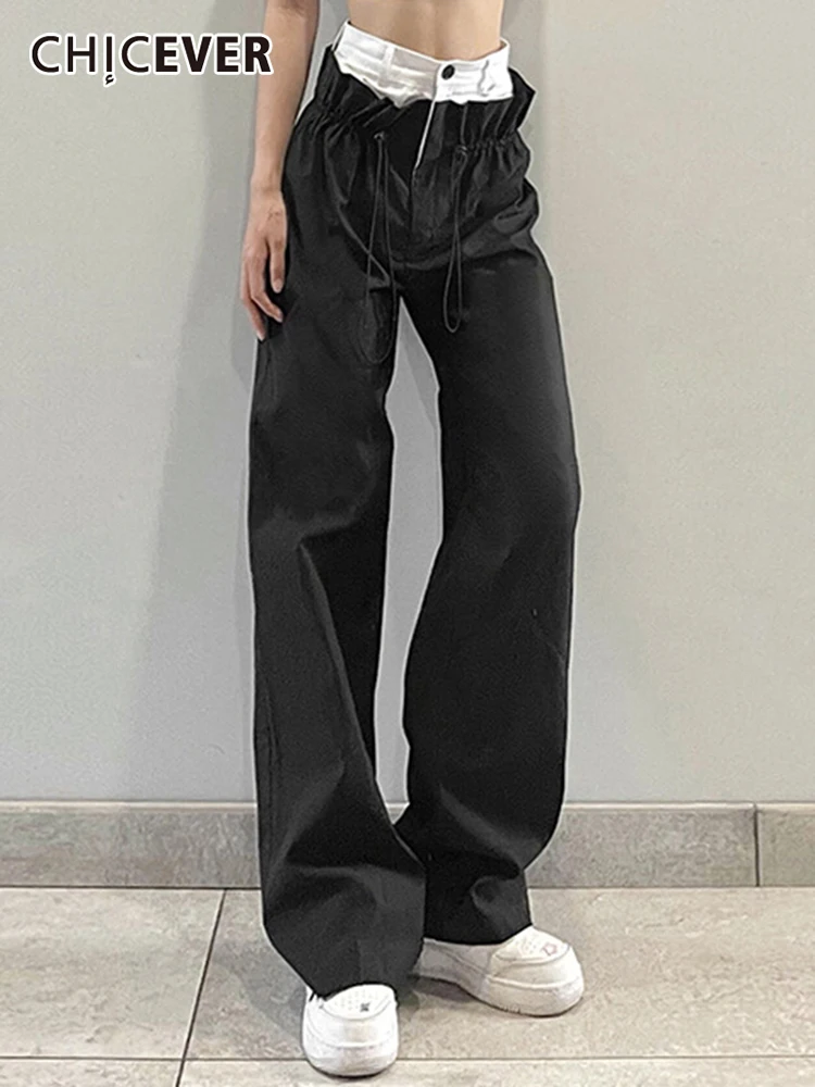 

CHICEVER Sexy Fashion Fake Two Long Pants For Women High Waist Patchwork Drawstring Loose Straight Trousers Female 2022 Clothing
