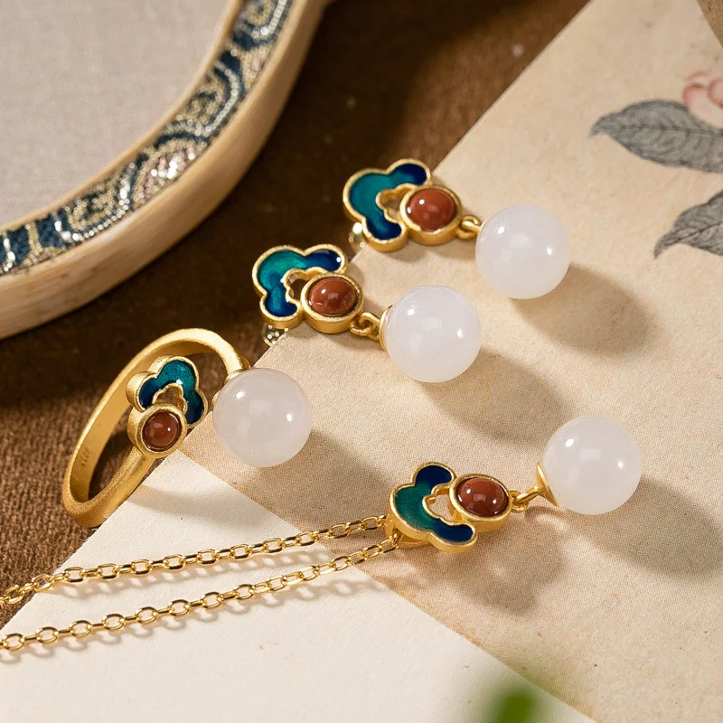 

Yilu Silver S925 Sterling Gold Plated Hotan Jade Cloisonne China-Chic Lucky Cloud Round Bead Earrings Ring Female Pendant