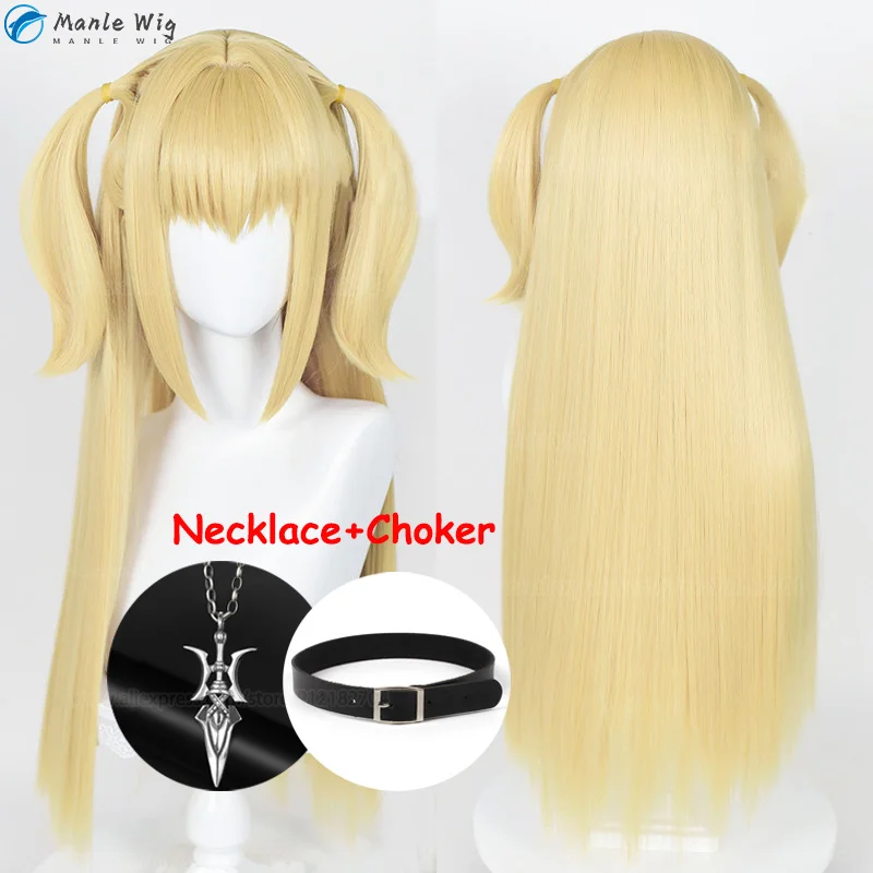 70cm Long Misa Amane Cosplay Wig Anime Death Note MisaMisa Wig Choker Necklace Yellow Resistant Hair Party Wigs Props + Wig Cap