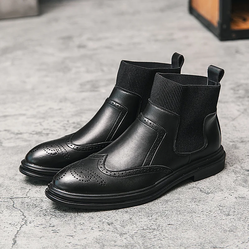 

Italian New Mens Boots Business Slip on British Ankle Boots Male Cowhide Pointy Boots Elegantes Gents Sock Leather Shoes For Men