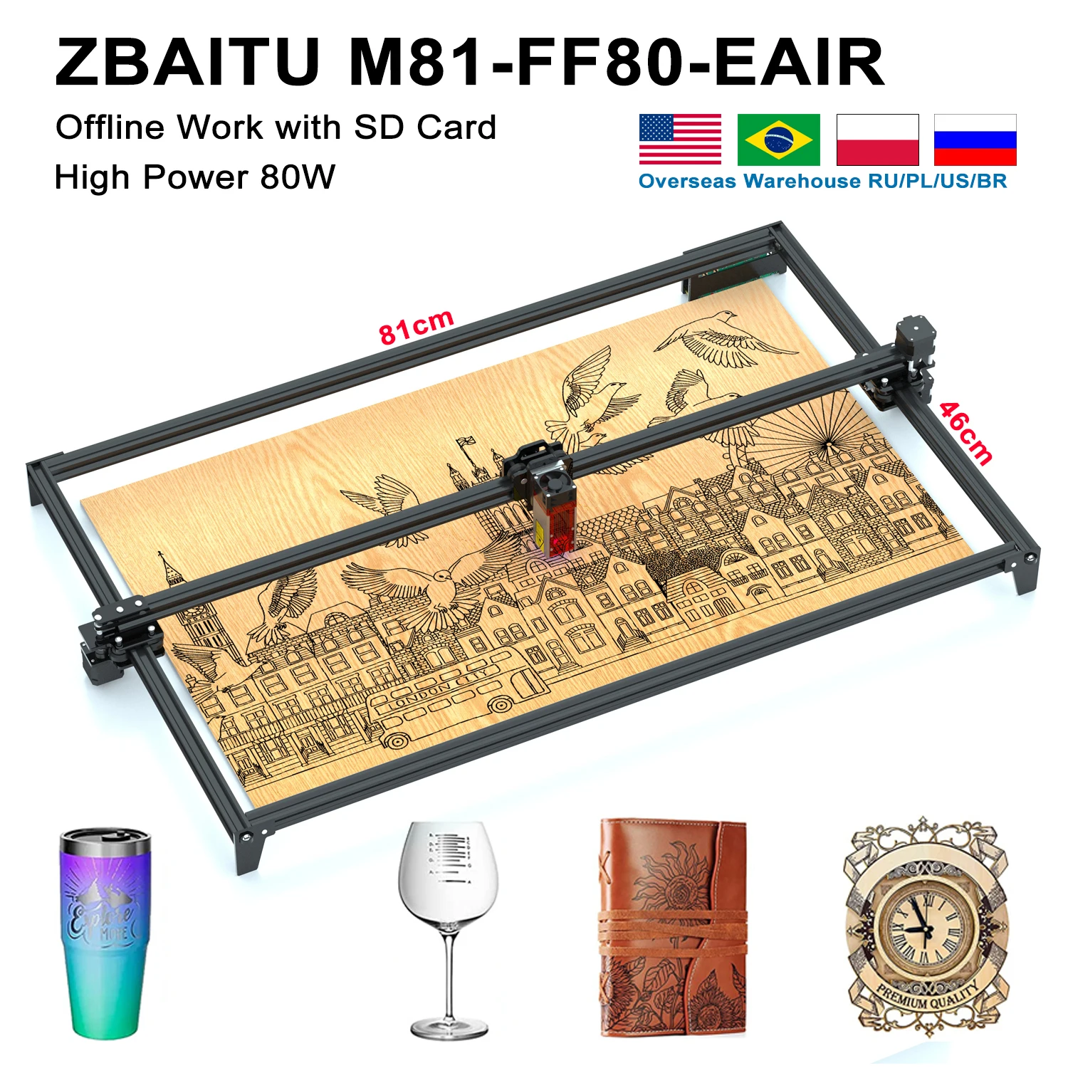 ZBAITU M81 Laser Engraver Large Area 81*46cm Wood Cutting Machine DIY Logo Remark with 80W Laser Head Air Pump Aassisted DIY Las
