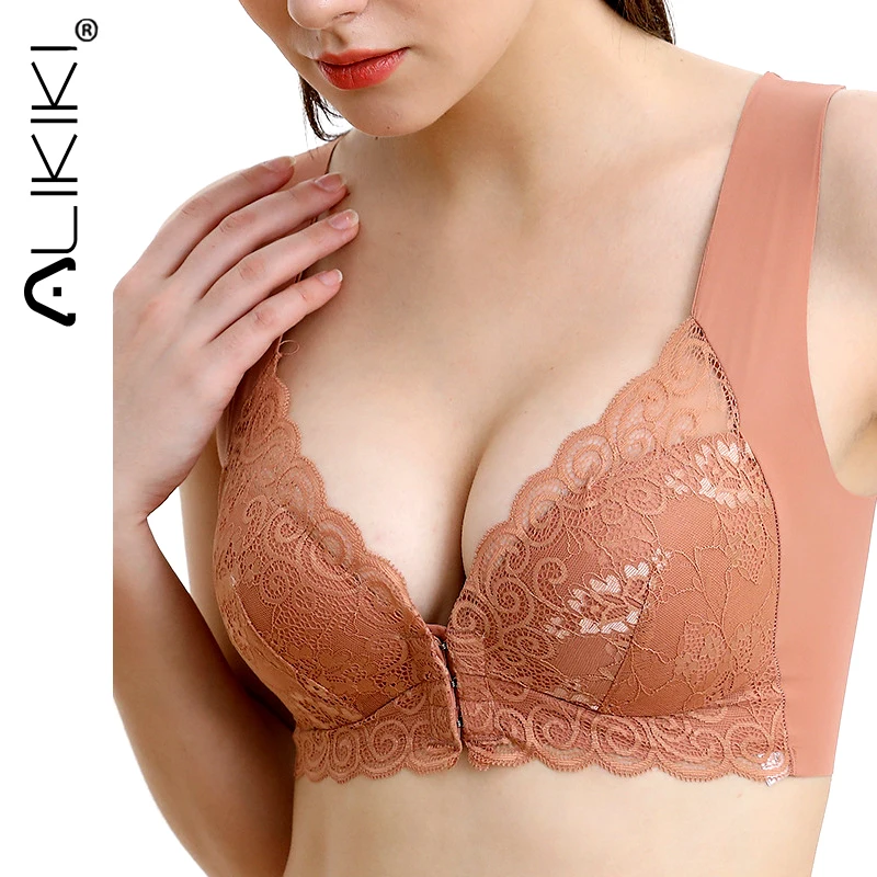 

Sexy Underwear Front Closure Wirefree Bra Push Up Bras For Big Breasts Women Plus Size Seamless Lace Bra Gather Bralette M-5XL