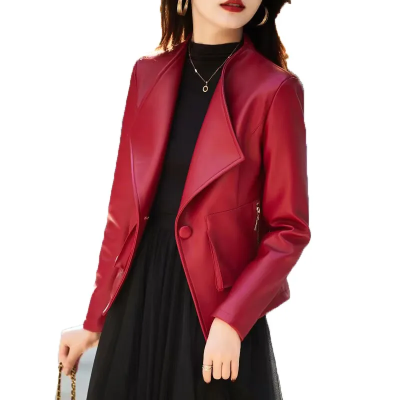 

2023 New Leather Jacket Women Coat Spring and Autumn One Button Red Lady