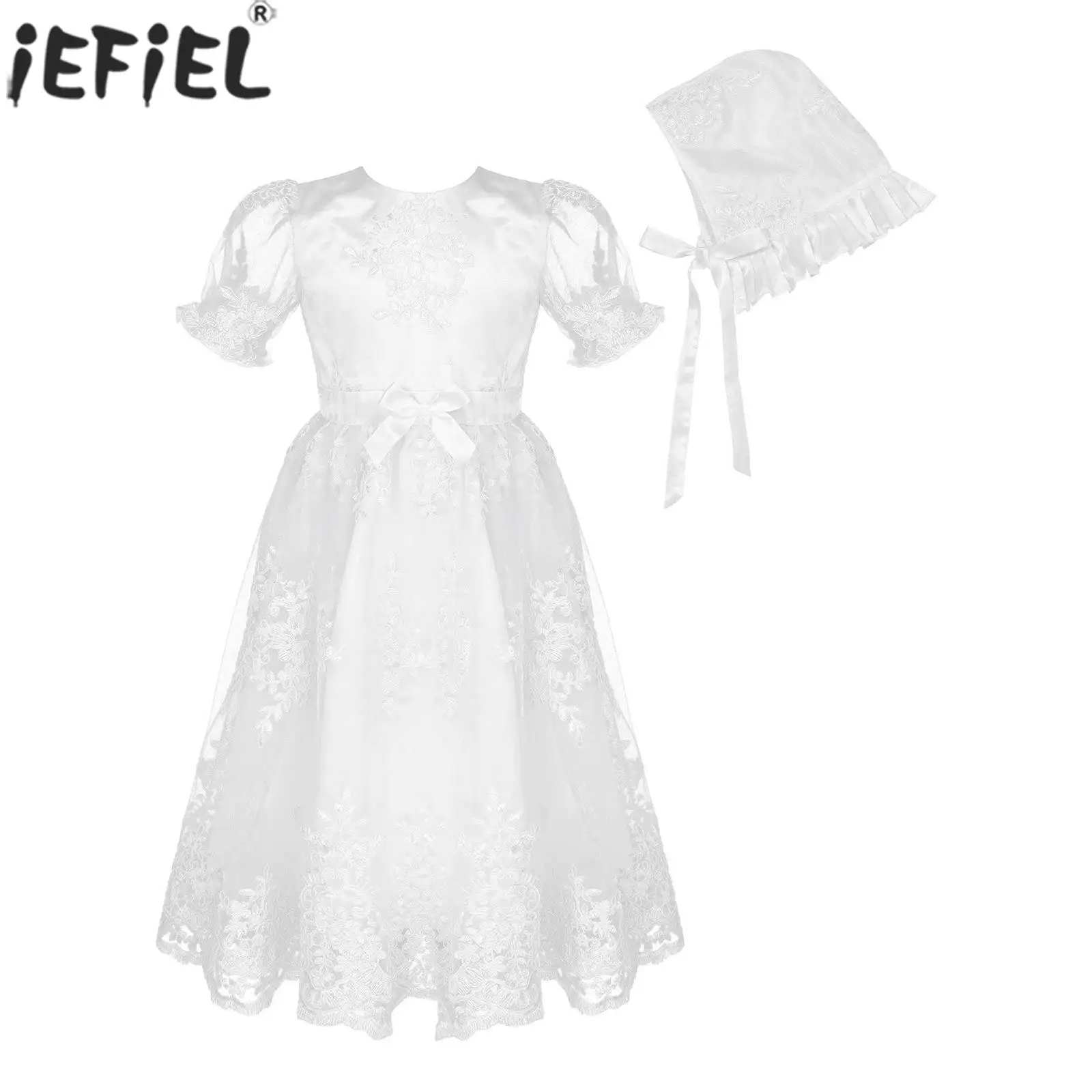 

Infant Girls Birthday Christening Dress Short Sleeve Bowknot Lace Mesh Tutu with Ruffle Hat Baby Wedding Baptism Party Clothing