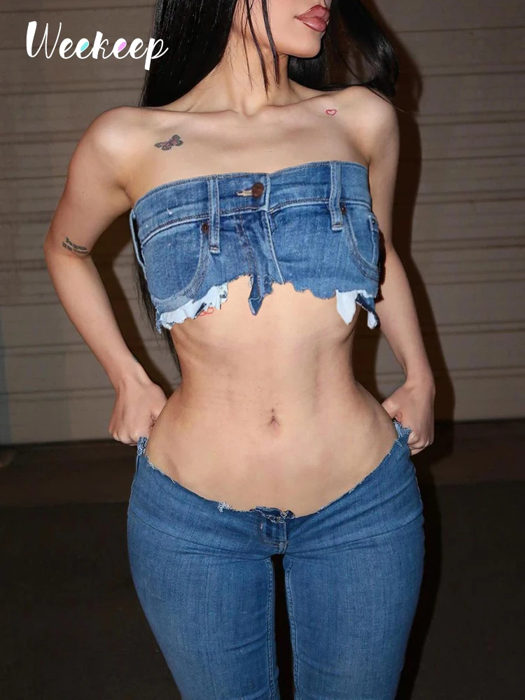 

Weekeep сексуальный микро тубус корсет 2022 Летняя мода без бретелек Джинсовый укороченный мини-топ винтажный панк карго Стиль Уличная Женская м...