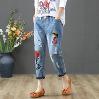 vintage embroidered patch ripped denim capris summer calf length pants womens elastic high waist casual streetwear baggy jeans