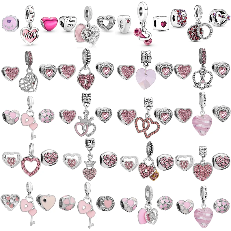 

3Pcs/Lot Pink Crystal Heart Charms Beads Pendant Fit DIY Brand Charm Bracelets Necklaces For Women MOM Fashion Jewelry Making