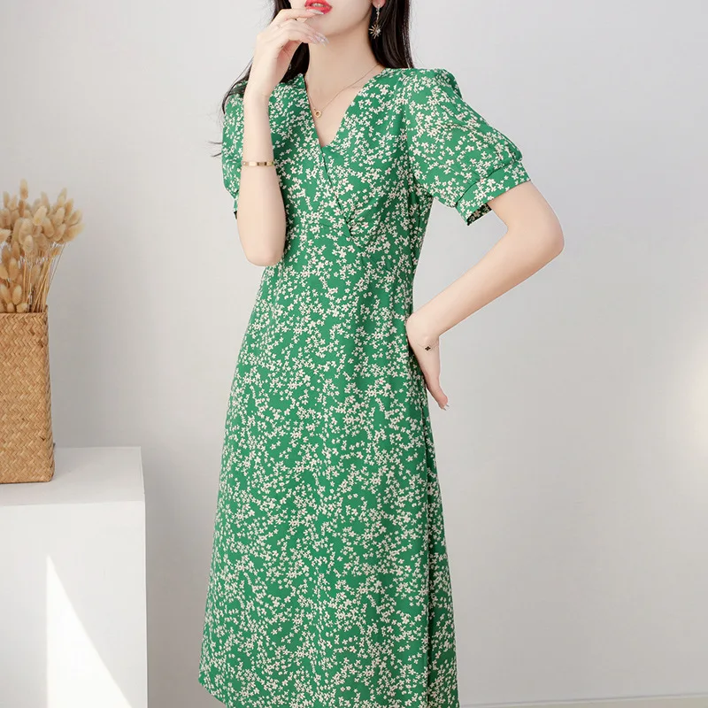 

Lady Summer V neck Green Bohemia Dress Smooth Real Silk Long Female 2022 New Elegant Sundress A Line Women Vestid Printing dress