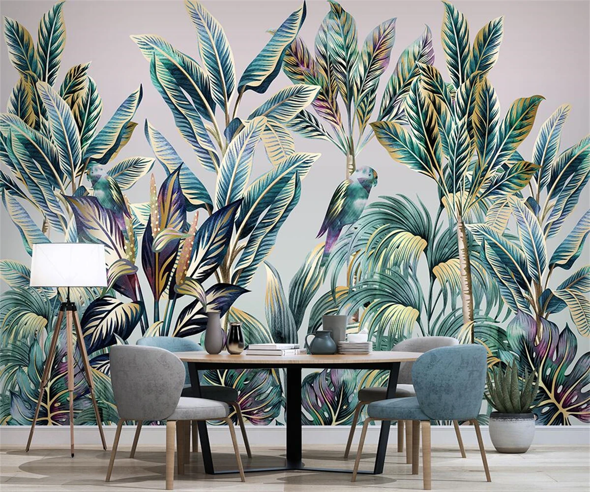 Customized 3d wallpaper small fresh forest animal bird tropical plant coconut tree living room background wall 3d wallpaper