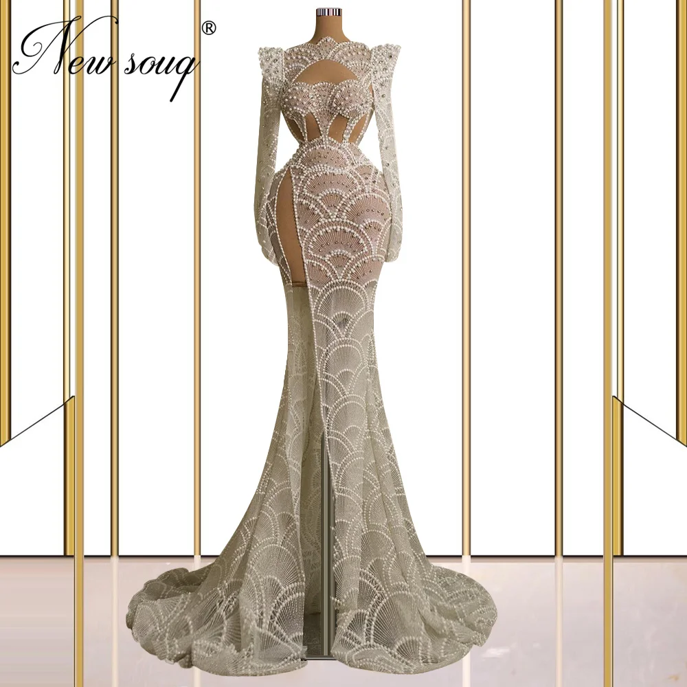 

Customize Lace Pearls Prom Dresses Middle East Side Slit Women Evening Dress Crystals Party Cocktail Dress Vestidos De Noche