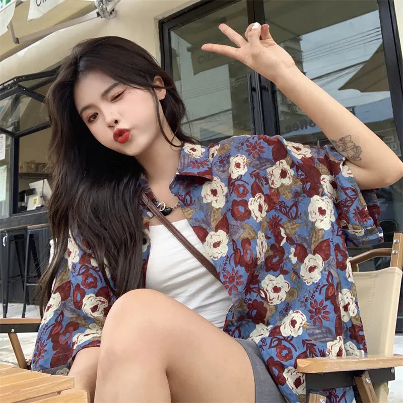 

Floral Printed Blouses Tops Women's Shirts Korean Style Summer Button Up Cardigan Short Sleeve Harajuku Vintage Hawaiian Shirt