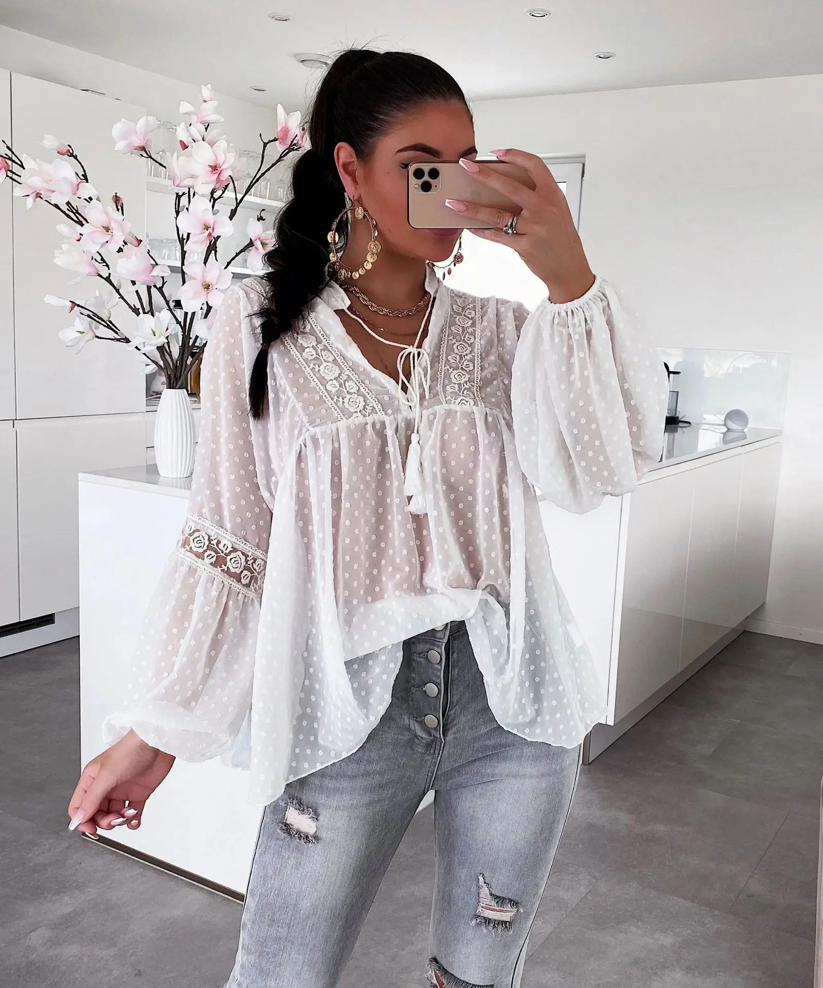 

Women Puff Long Sleeve Blouse Tops with Lace Flowers Tassel Straps Dots Pattern Solid\u00a0Color Shirt Spring Clothing